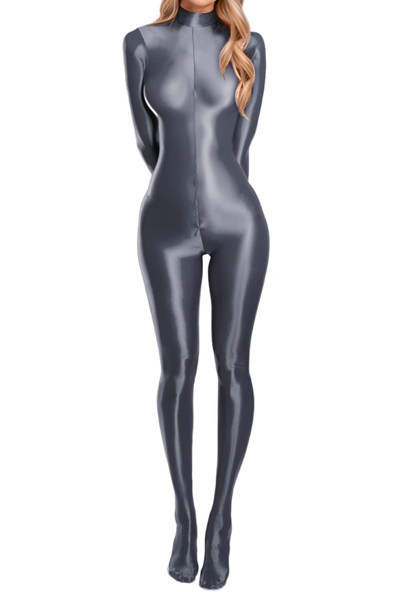 Sheer Bodysuit for Women Full Body See Through Oil Shiny Glossy Jumpsuits Long Sleeve One Piece Zipper Catsuit for Party Dance Clubwear XL Dark gray