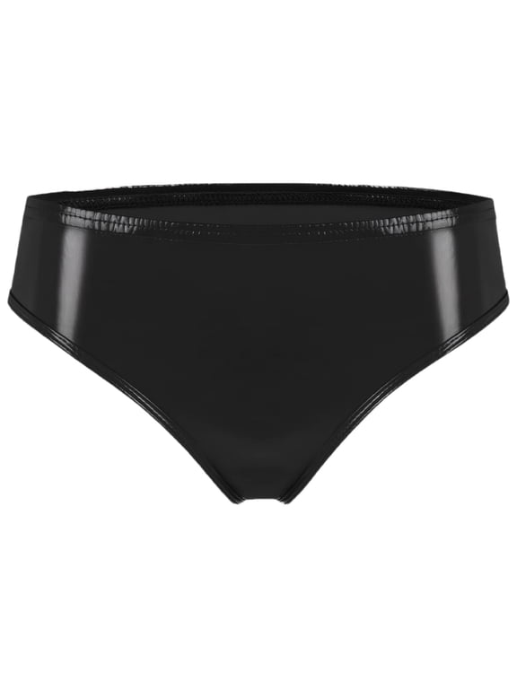 Women Shiny Metallic Panties Low Rise Cheeky Bikini Brief Sexy PU Leather Stretchy Underwear Rave Bottom Bright Black L