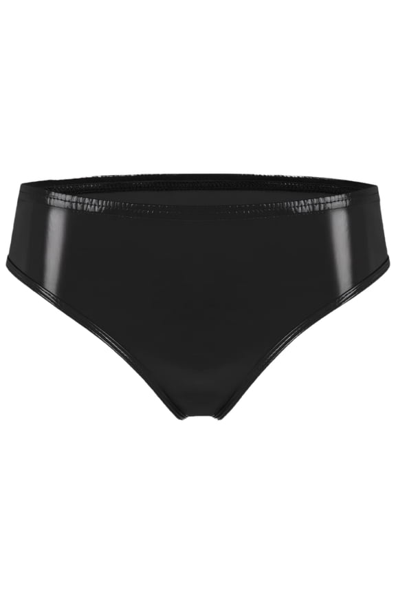 Women Shiny Metallic Panties Low Rise Cheeky Bikini Brief Sexy PU Leather Stretchy Underwear Rave Bottom Bright Black L