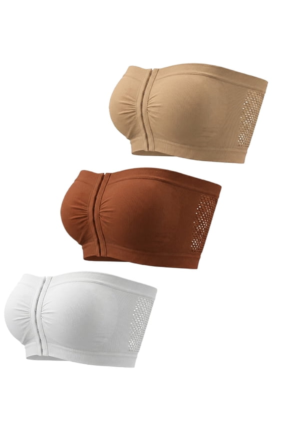 Strapless Bra for Women Front Closure Bralette Non-Slip No Underwire Comfortable Breathable Tube Top 3 Pack Caramel+Skin Color+White XL