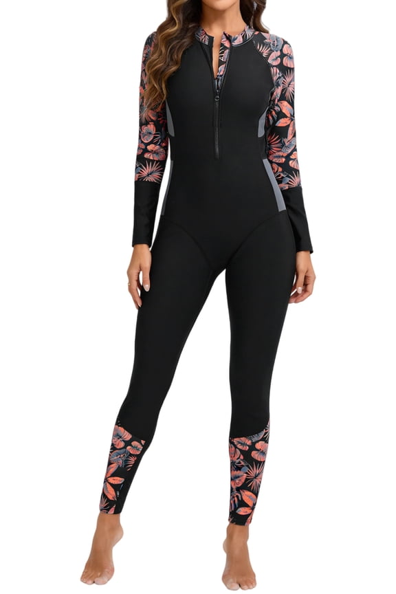 Women Floral Print Swimwear One Piece Front Zipper Bathing Suit Long Sleeve Long Leg Full Body Surfing Swimsuit Grey XS