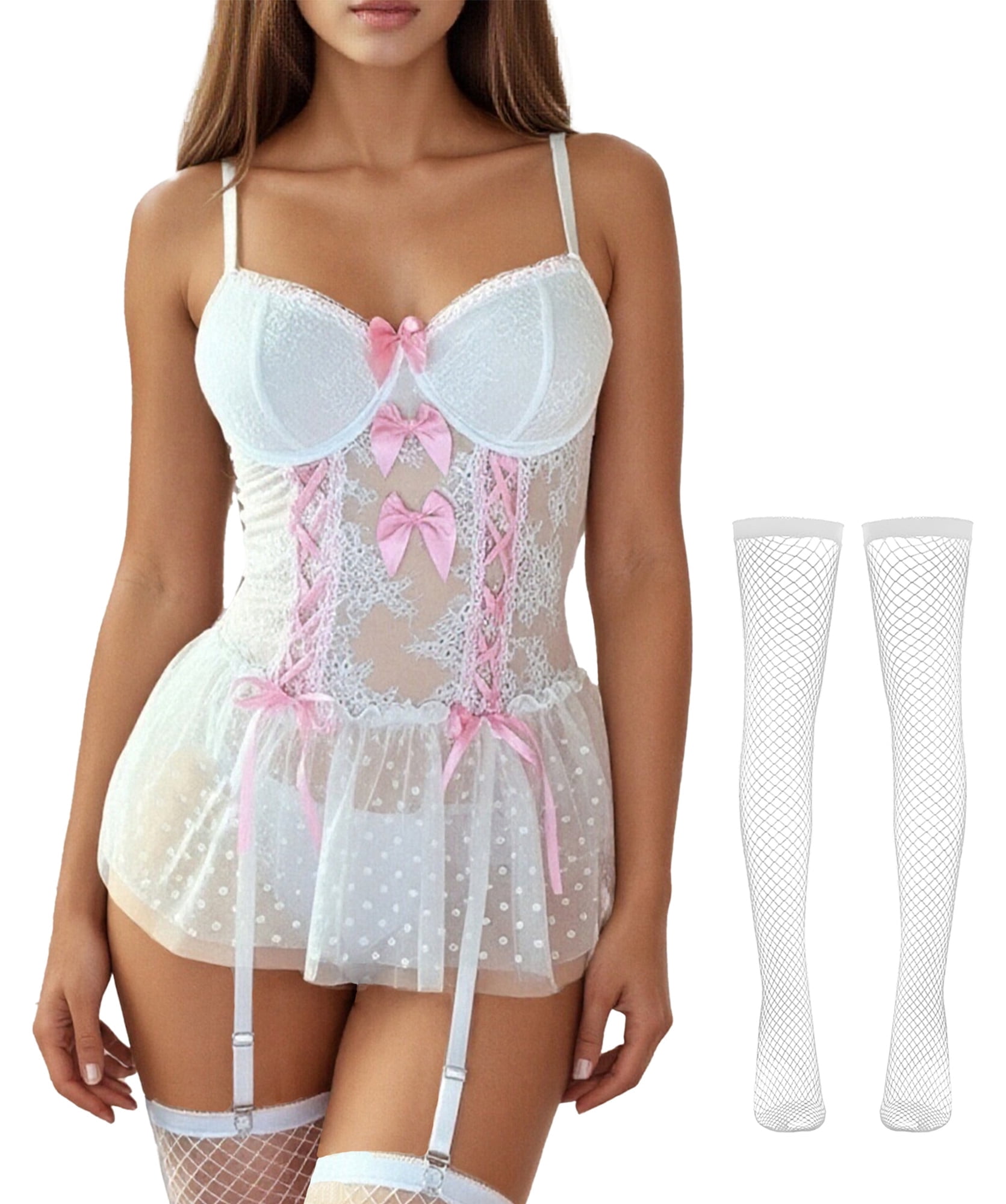Ausing Women Lace Bodysuit Mesh Corset Nightwear Underwear Lingerie Set with Stockings Garter Belt Thong 3 Piece S White