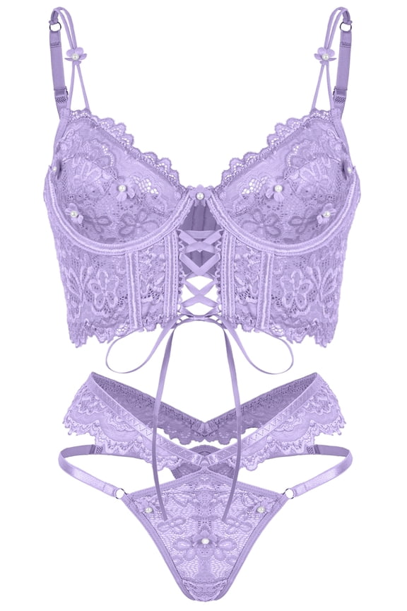 Women Lingerie Sets Lace-Up Corset 3D Floral Lace Underwire Bra and Panty 2 Piece Sheer Boudoir Outfits Adjustable Straps Lingerie L Purple