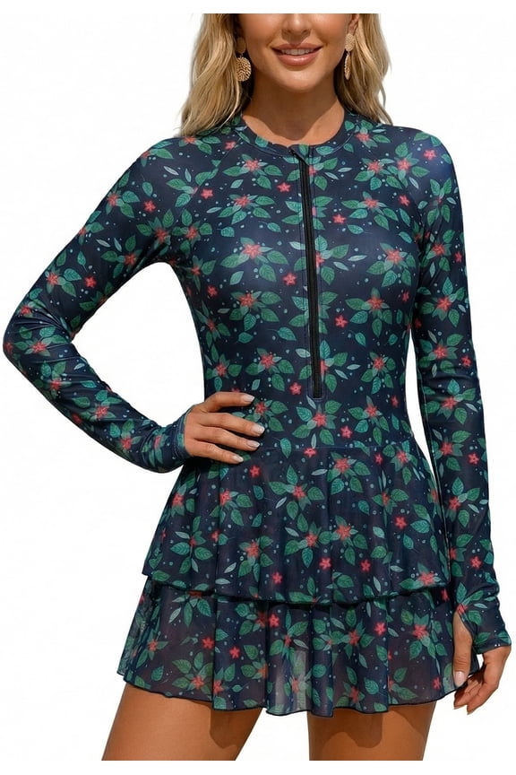 Women Long Sleeve Swimsuit One Piece Floral Print Swim Skirt Front Zip Mesh Ruffled Swim Dress with Built Bra M Black