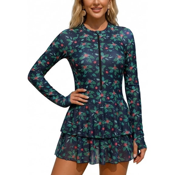 Ausing Women Long Sleeve Swimsuit One Piece Floral Print Swim Skirt Front Zip Mesh Ruffled Swim Dress with Built Bra XL Black