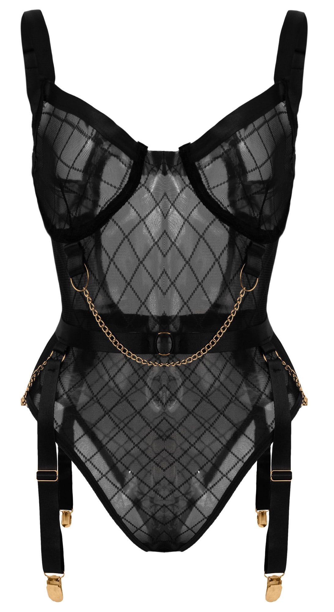 Ausing Women One Piece Lingerie Mesh Teddy Bodysuit Garter Belt Plus Size  See Through Mini Babydoll Adjustable Underwear Black S