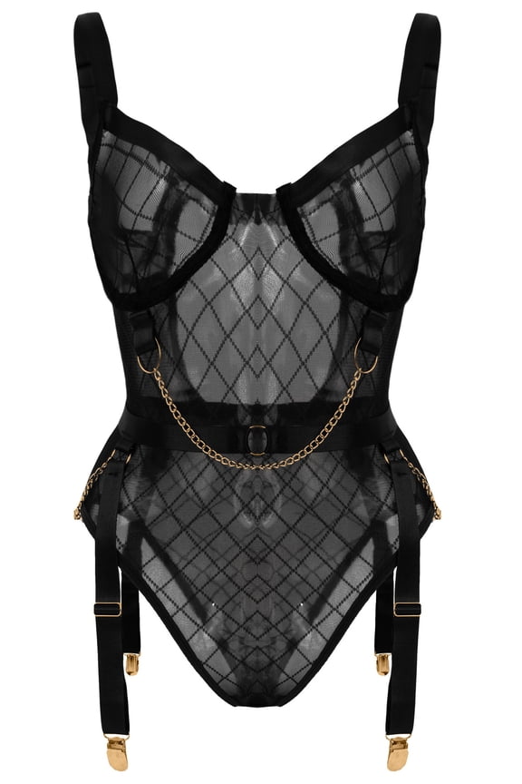 Women One Piece Lingerie Mesh Teddy Bodysuit Garter Belt Plus Size See Through Mini Babydoll Adjustable Underwear Black XL