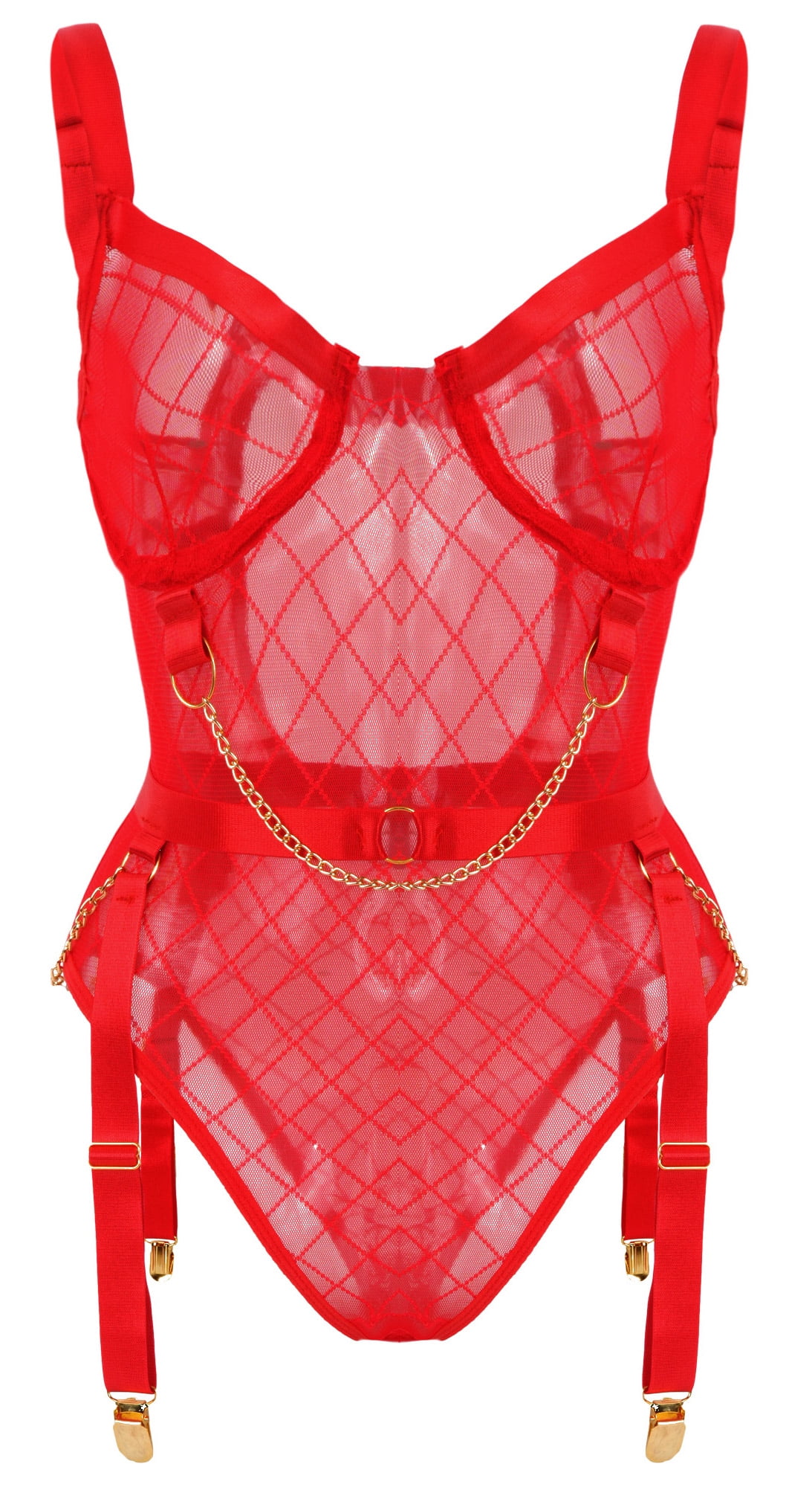 teddy with garter belt Ausing Women One Piece Lingerie Mesh Teddy Bodysuit Garter Belt Plus Size  See Through Mini Babydoll Adjustable Underwear Red XL
