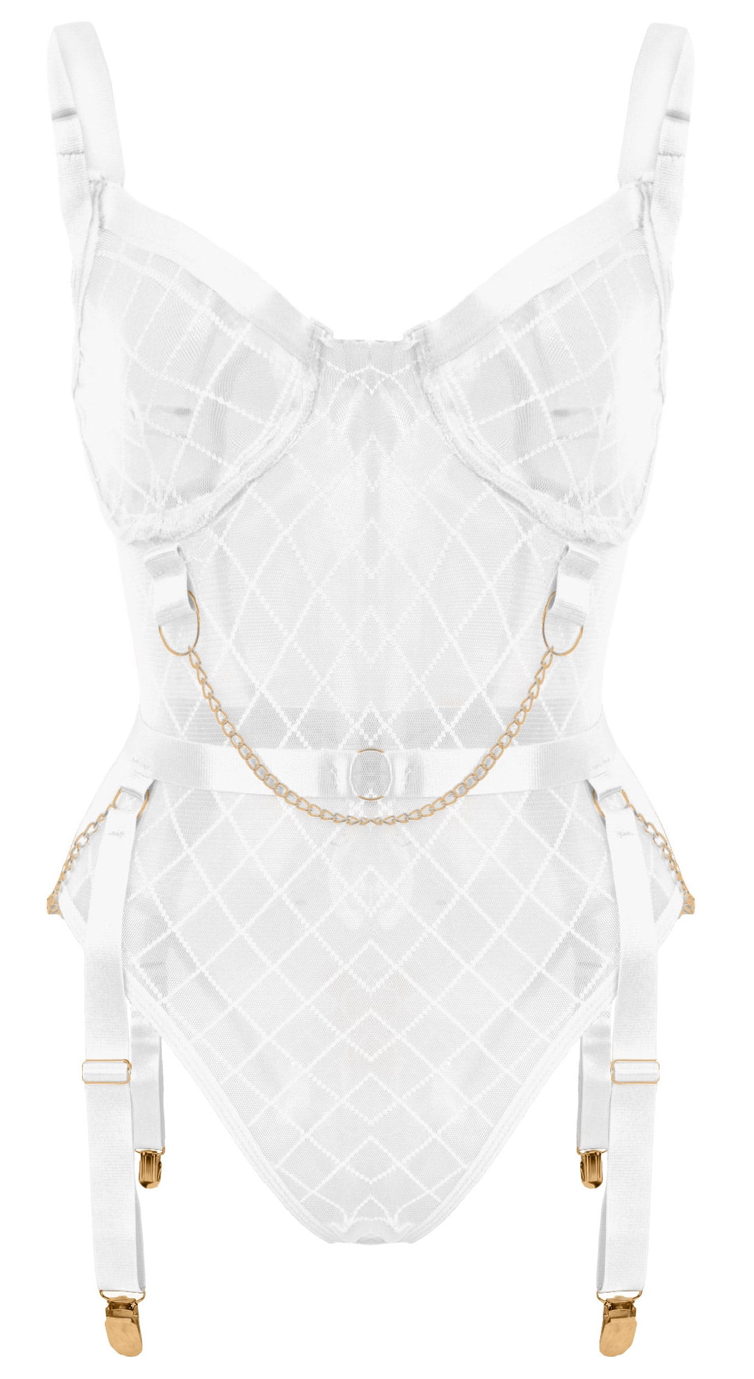 Ausing Women One Piece Lingerie Mesh Teddy Bodysuit Garter Belt Plus Size  See Through Mini Babydoll Adjustable Underwear White XL