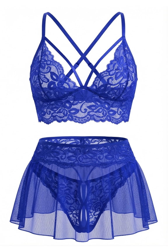 Women Sexy Lingerie Set Rave Pajamas Outfits Lace Mesh Sheer Mini Skirt with G-String Crotchless Wireless Floral Deep V Bralette 3 Piece Valentines Teddy See Throgh Night Gowns M Blue