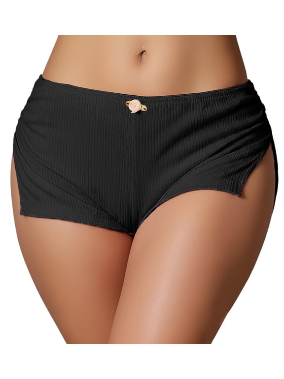 Women Sexy Micro Booty Shorts Soft Stretch Pajamas Sleepwear Sexy Low Rise Side Split Micro Shorts Cute Ruched Loungewear Black L