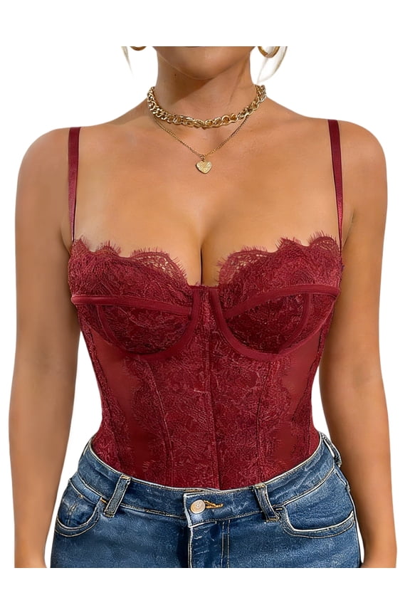 Women Sheer Spaghetti Strap Bodysuit Floral Lace Bustier Corset Tops One Piece See Through Romper Tops Snap Crotch Bustier Romper Jumpsuit L Burgundy