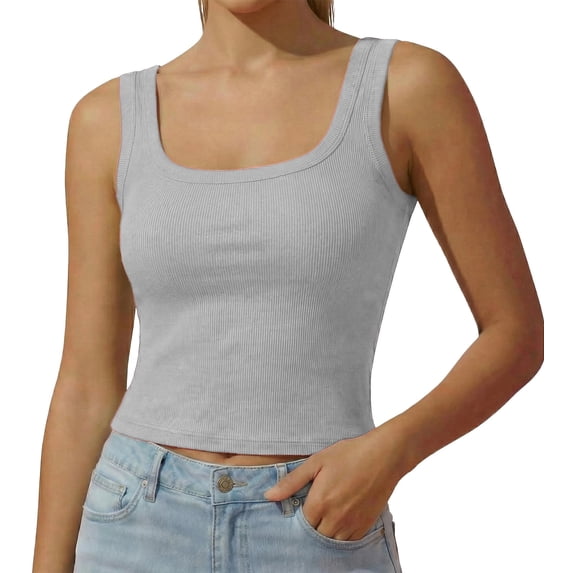 Ausing Women Tank Tops Gray Ribbed Knit Sleeveless Soft and Breathable Workout Vest with Padded Suitable for Spring and Summer M 1 Pack