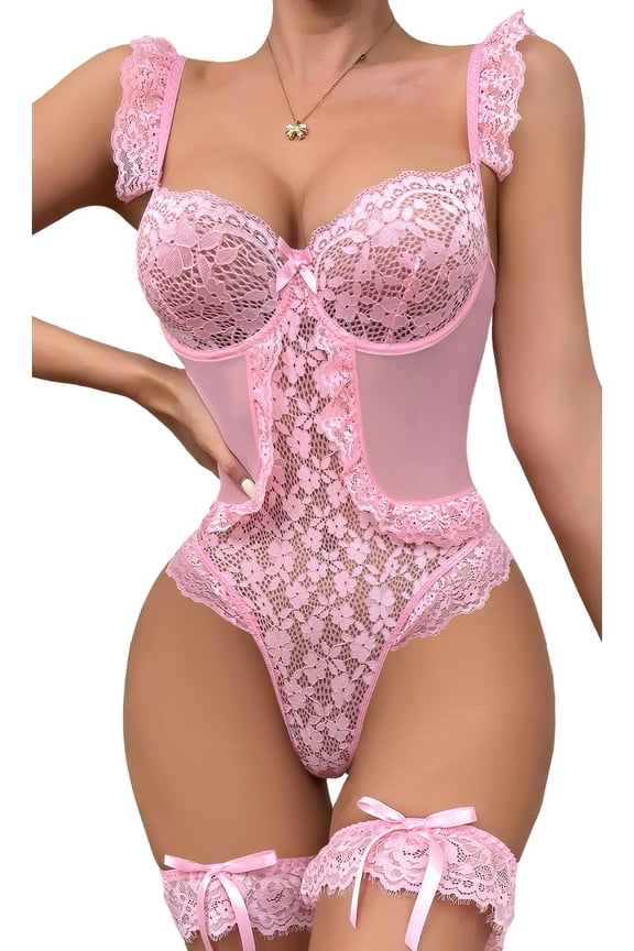 Women Teddy Bodysuit Lace Lingerie One Piece Ruffle Hem Garter Belt Mini Babydoll Clubwear Pink L