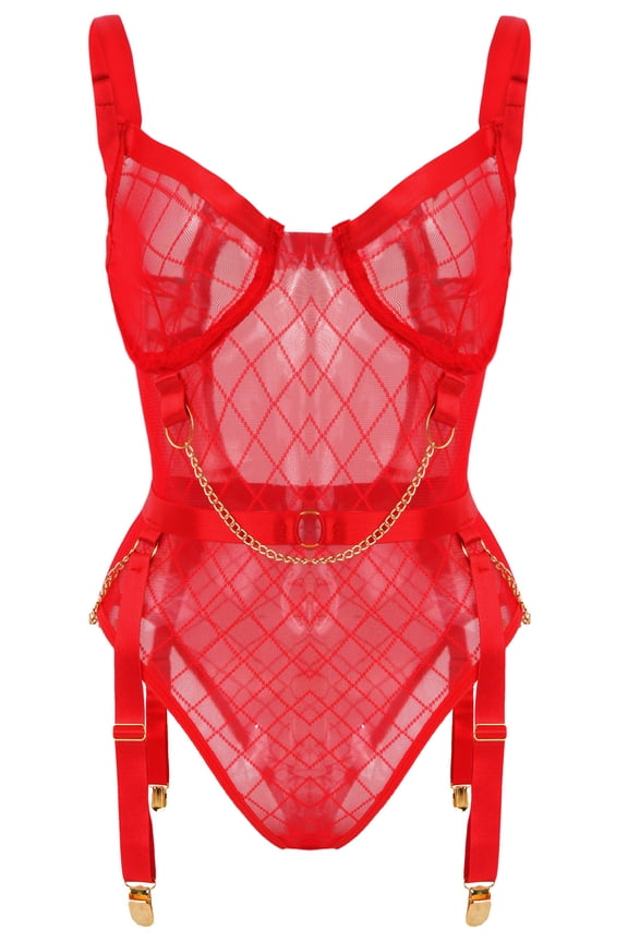 Women Teddy Lingerie Mesh Mini Babydoll Bodysuit See Through Garter Belt One Piece Adjustable Underwear Plus Size Red 3XL