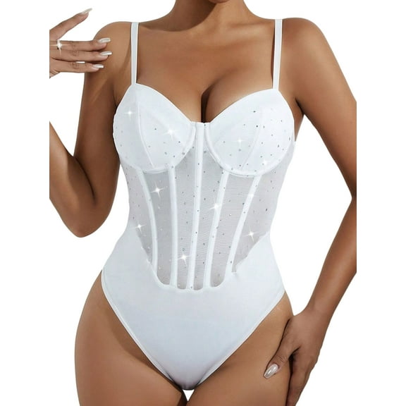 Ausing Women Teddy Lingerie Rhinestone Sparkly Bodysuit Boned One Piece Mini Babydoll Push Up Bodycon Partywear White L