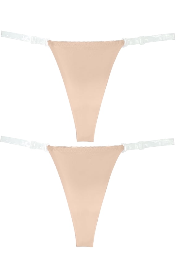 Women's 2 Pack Clear Strap G-String Thongs No Show Invisible Clear Strap Underwear T-back Low Rise Panties Skin Color S