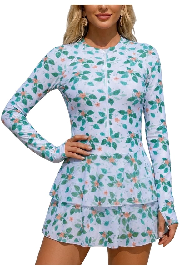 Women's Floral Swimsuits Long Sleeve Front Zipper Bathing Suit One Piece Mesh Ruffled Swim Dress with Shorts L Light Blue