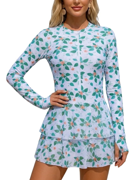 Women's Floral Swimsuits Long Sleeve Front Zipper Bathing Suit One Piece Mesh Ruffled Swim Dress with Shorts L Light Blue