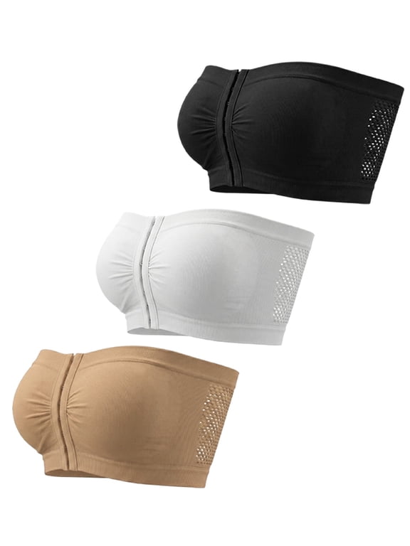 Women's Front Closure Bra Strapless Summer Tube Top Breathable No Underwire Push Up Bralette Black+Skin Color+White 3Pcs 2XL