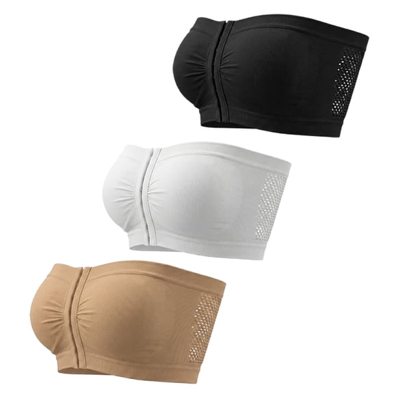Ausing Women's Front Closure Bra Strapless Summer Tube Top Breathable No Underwire Push Up Bralette Black Skin Color White 3Pcs S