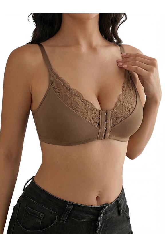 Women's Lace Front Buckle Bra Lightweight Support Breathable Push Up Bralette Comfort Unpadded Design Lingerie Coffee 2XL
