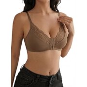 Ausing Womens Lace Front Buckle Bra Lightweight Support Breathable Push Up Bralette Comfort Unpadded Design Lingerie Coffee XL