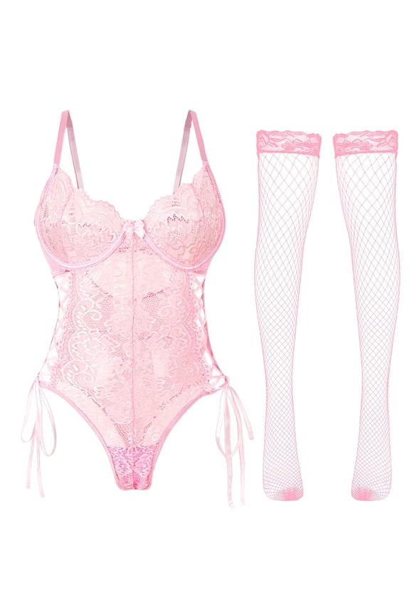 Women's Lace Teddy Babydoll Bodysuit One-Piece Lingerie Sets with Stocking See Through Strappy Sexy Boudoir Outfit Pink M