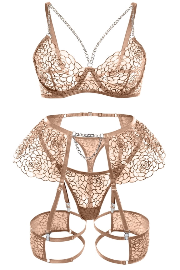 Women's Lingerie Sets Lace Ruffle Garter Belt Teddy Babydoll Bra and Panty Set Push Up Adjustable Metal Chains Outfits 3 Piece Khaki L