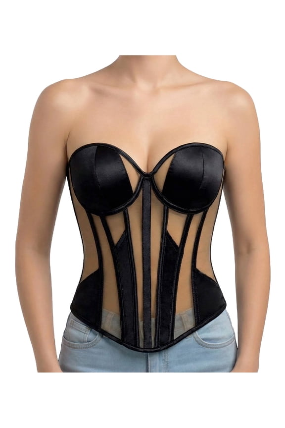 Women's Mesh Corset Tops Gothic Adjustable Lace-Up Boned Shapewear Strapless Sheer Mesh Deep V Bodysuit Skin Tone L