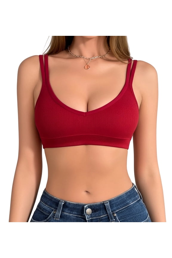 Women's No Padded Bra Ribbed V-Neck Double Spaghetti Straps Bras Comfort Full Coverage Athletic Bralette 1 Pack Wine Red M