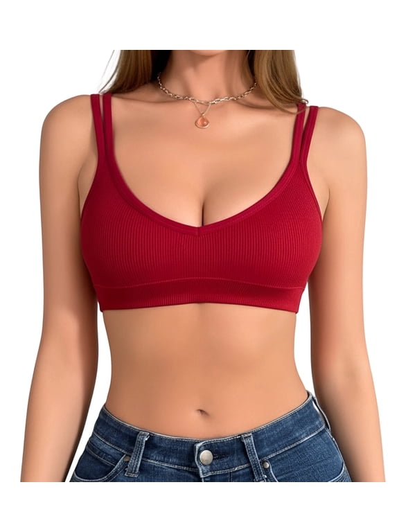 Women's No Padded Bra Ribbed V-Neck Double Spaghetti Straps Bras Comfort Full Coverage Athletic Bralette 1 Pack Wine Red XS
