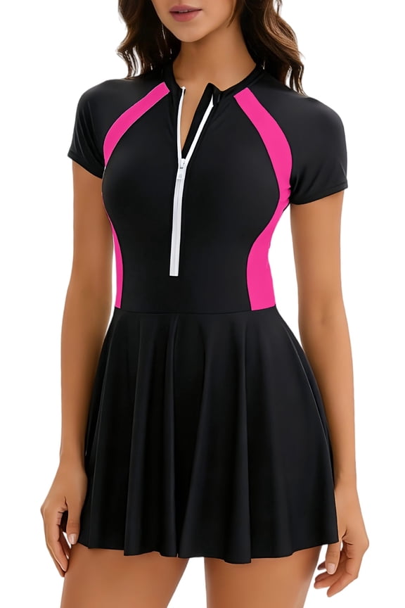 Women's One Piece Skirted Swimsuit Color Blocked Swimwear Zipper Front Short Sleeve Bathing Suit Black+Rose Red XL