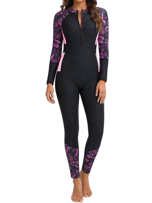 Women’s One Piece Swimsuit Floral Print Long Sleeve Long Leg Swimwear Zip Front Bathing Suit Full Body Sun Protection Pink Pink M