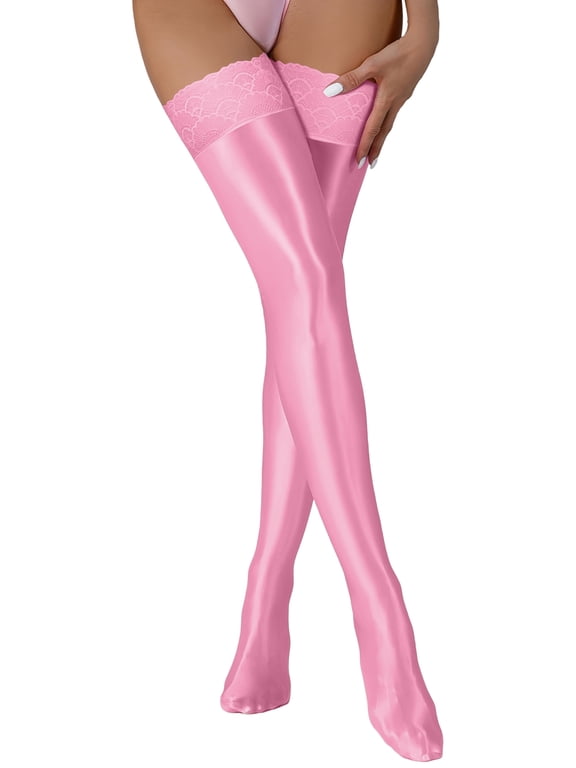 Women's Opaque Oil Shiny Lace Thigh High Stocking Lace Top Thigh High Sheer Stockings Over Knee Silk Tights Shaping Sockings Pink