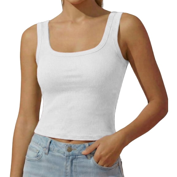 Ausing Women's Ribbed Tank Top White Square Collar Summer Casual Comfortable Ribbed Knit Sleeveless Tops with Padded Bra S 1 Pack