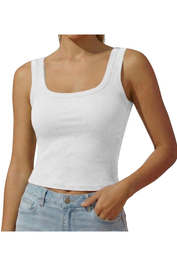 Women's Ribbed Tank Top White Square Collar Summer Casual Comfortable Ribbed Knit Sleeveless Tops with Padded Bra S 1 Pack
