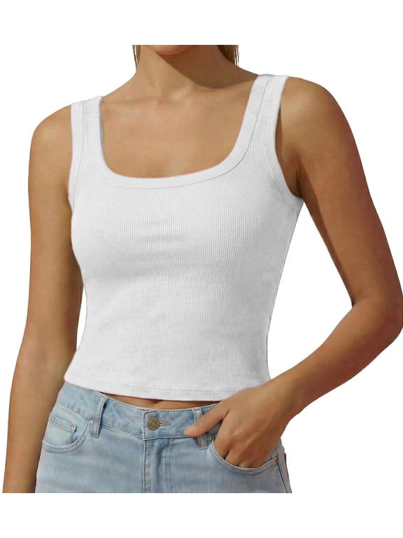 Women's Ribbed Tank Top White Square Collar Summer Casual Comfortable Ribbed Knit Sleeveless Tops with Padded Bra S 1 Pack