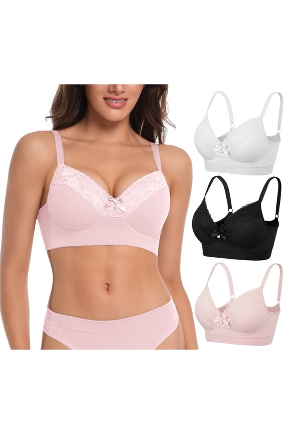 Women's Sexy Lace Embroidered Bras Seamless Push Up Everyday Bra Comfort Breathable T Shirt Underwire Black White Pink 3 Pack XL