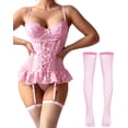 thumbnail image 1 of Ausing Women's Sexy Lingerie Set Floral Lace Garter Bustier Lingerie Set with 1Pair Fishnet Stocking Babydoll Bodysuit Bra and Panty Set, 1 of 7