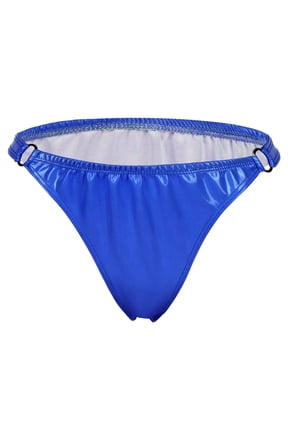 Women's Shiny Metallic Panties PU Leather Brief Low Rise Wrinkle Texture Underpants Sexy Glossy Underwear Daily Wear Sleep Lounge Blue L