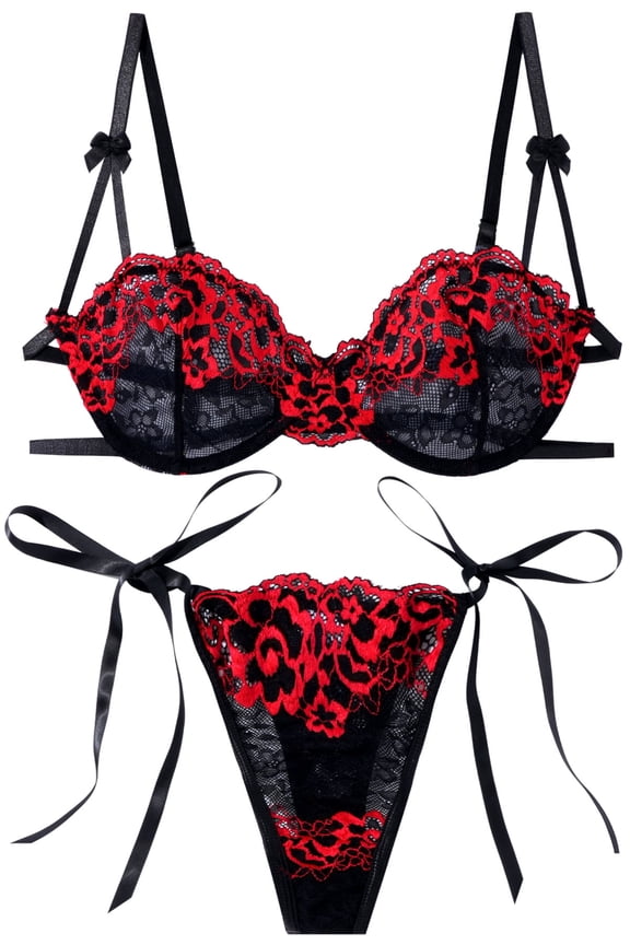 Womens Bra Panty Set Lace Floral Embroidery Lingerie Mesh Adjustable Straps Push Up Underwear See Through Babydoll Suit 2 Piece Red L