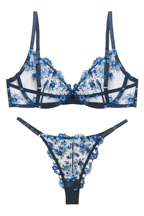 Womens Bra Set 2 Piece Matching Underwear and Bra Lace Mesh V Neck Push Up Bralettes Strappy Floral Embroidered Breathable Underwear Blue S