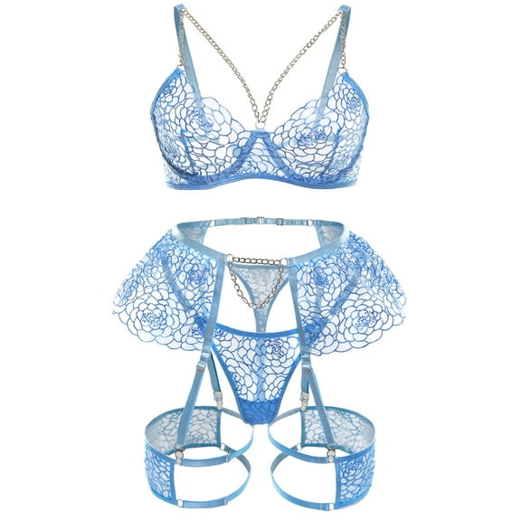 Ausing Womens Bra and Panty Set Teddy Babydoll Lingerie Sets Lace Ruffle Garter Belt Adjustable Push Up Metal Chains Outfits 3 Piece Light blue S
