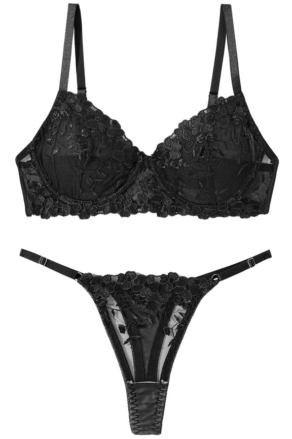Womens Bra and Panty Sets with Underwire Floral Lace Lingerie Set Push Up Adjustable Underwear Black L