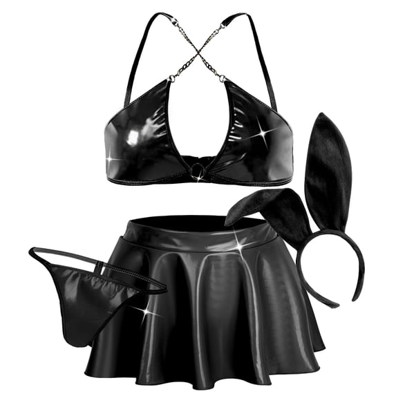 Ausing Womens Chain Bra Top Mini Skirt Low Rise Metallic Triangle Bikini Bunny Costume Glossy Shiny Rave Outfits Halter Crop with Ears Headband G-String 4pc Black M