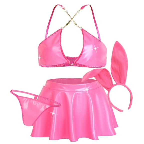 Ausing Womens Chain Bra Top Mini Skirt Low Rise Metallic Triangle Bikini Bunny Costume Glossy Shiny Rave Outfits Halter Crop with Ears Headband G-String 4pc Pink XL