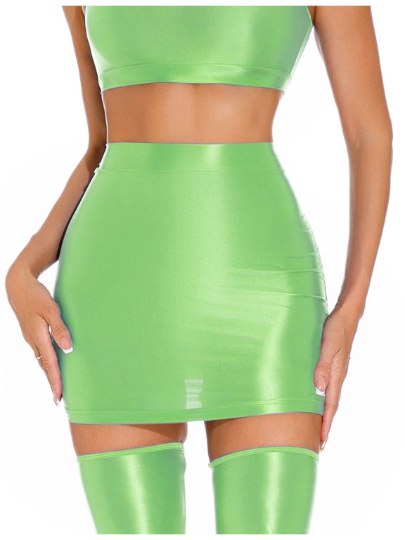 Womens Glossy Stretchy Micro Mini Skirt Shiny Metallic Liquid High Waist Pencil Hot Skirts Bodycon Bandage Tight Dress Green M