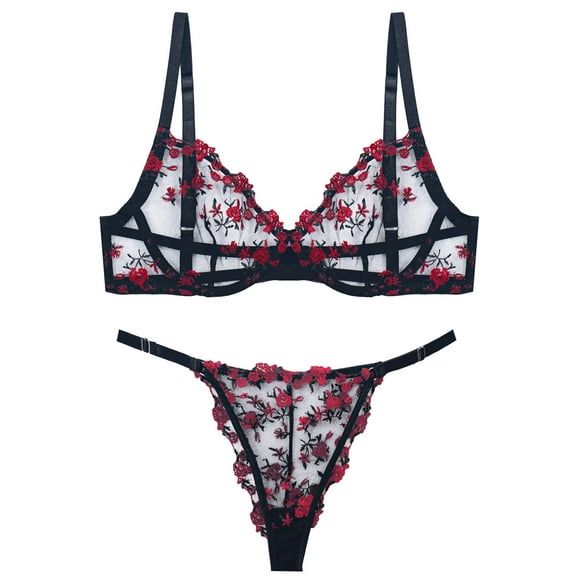 Ausing Womens Lace Bralettes Mesh V Neck Bra and Panty Sets Push Up Breathable Strappy Matching Underwear and Bra Floral Embroidered 2 Piece Black & Red XL