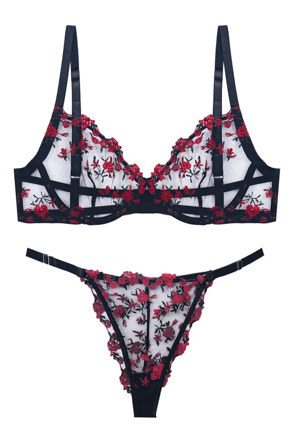 Womens Lace Bralettes Mesh V Neck Bra and Panty Sets Push Up Breathable Strappy Matching Underwear and Bra Floral Embroidered 2 Piece Black & Red XL